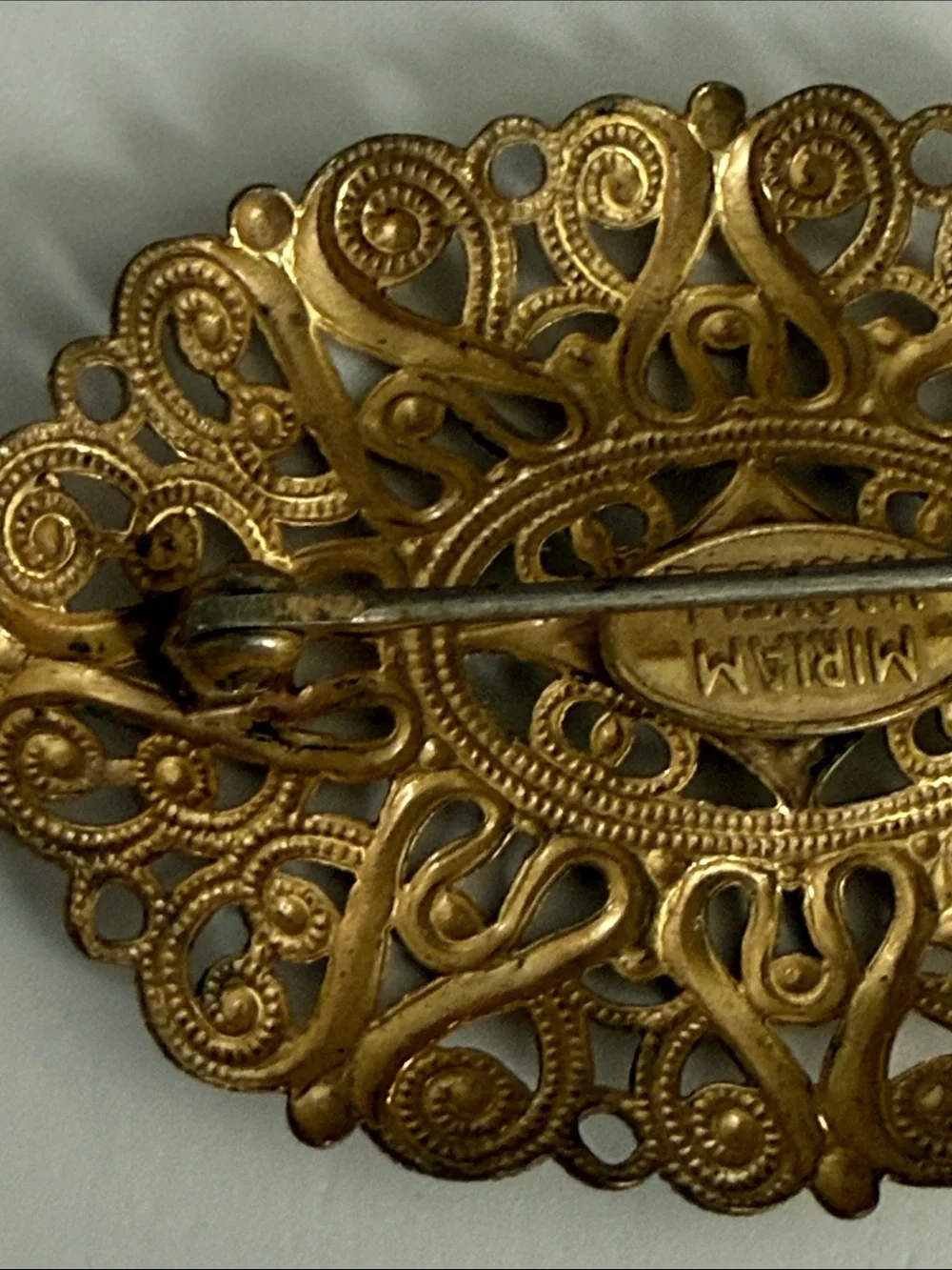 Vintage Miriam Haskell antique revival gold tone Filigree Oval Brooch pin